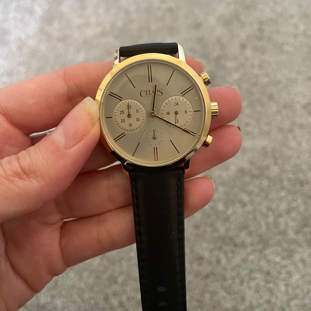 NWOT unisex black leather strap watch with gold hardware and white face